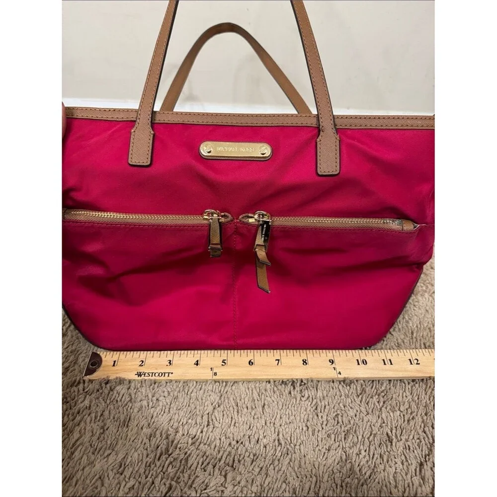 Michael Kors Kempton Nylon Tote Red Tan Leather Trim Travel Casual Contemporary